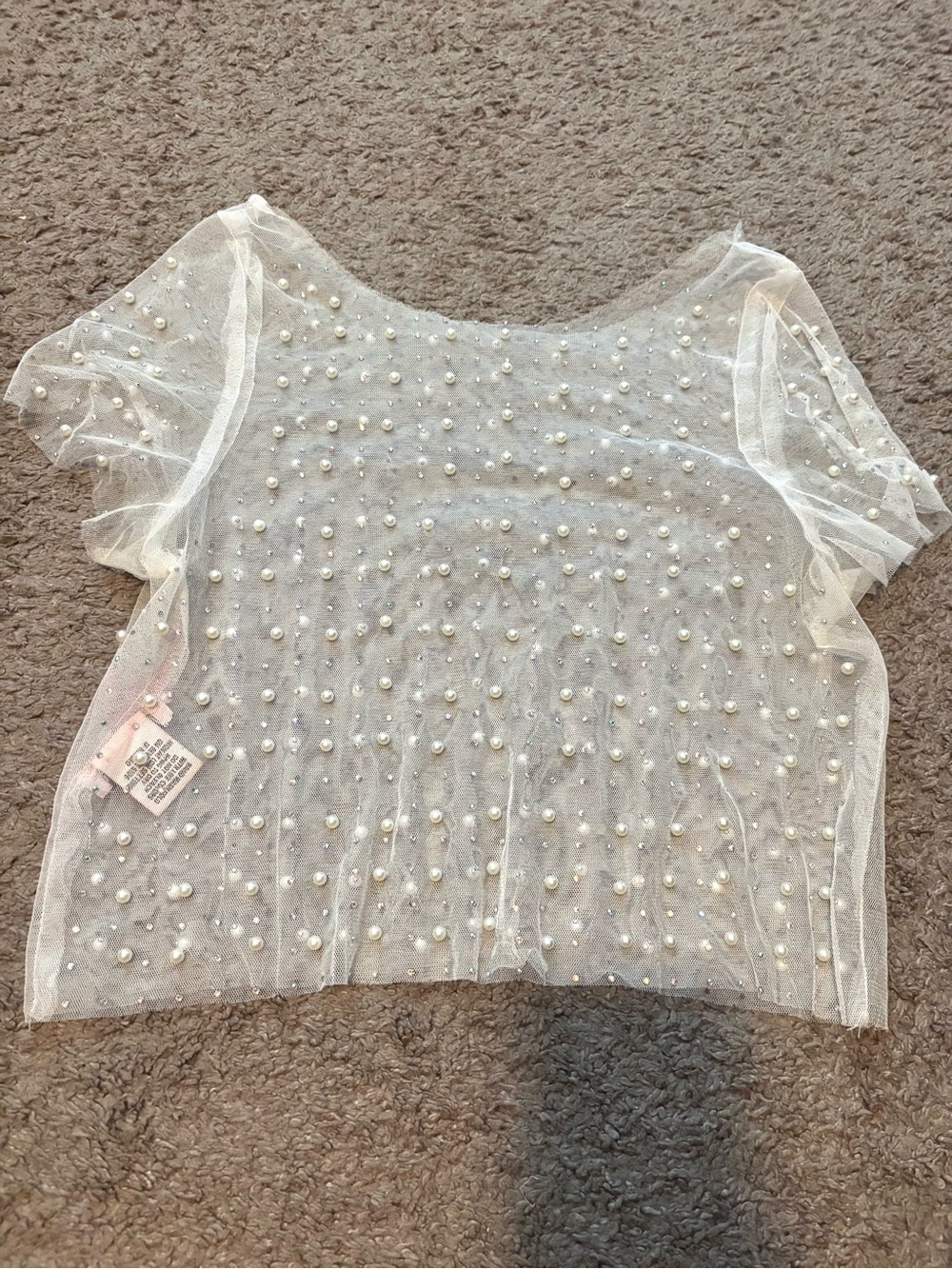 Pearl-Embellished Sheer Crop Top - White